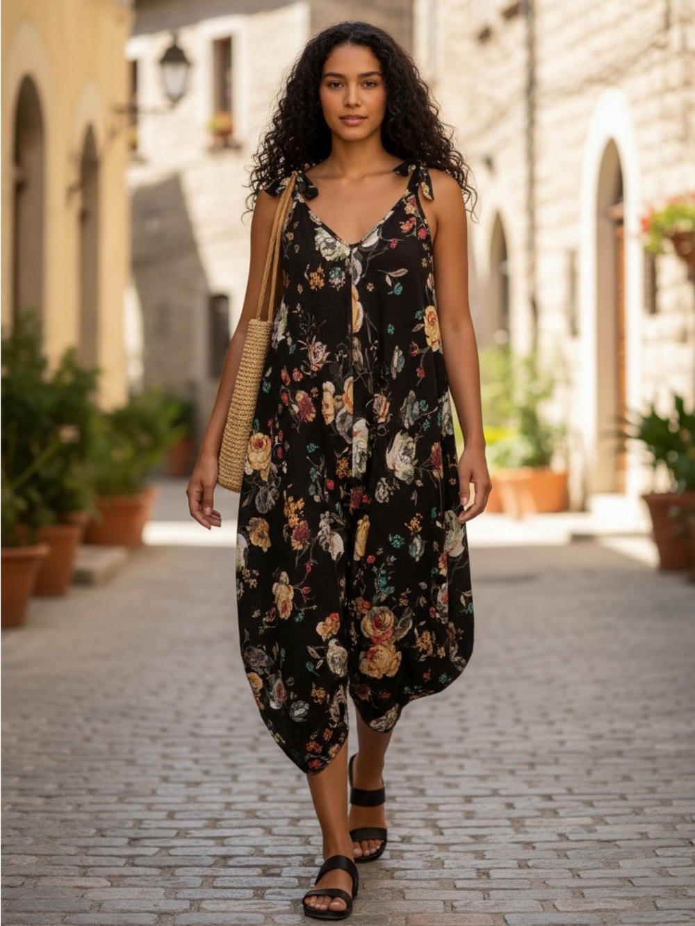 Women’s Floral Tie Strap Asymmetrical Wide Leg Cropped Pocket Jumpsuit